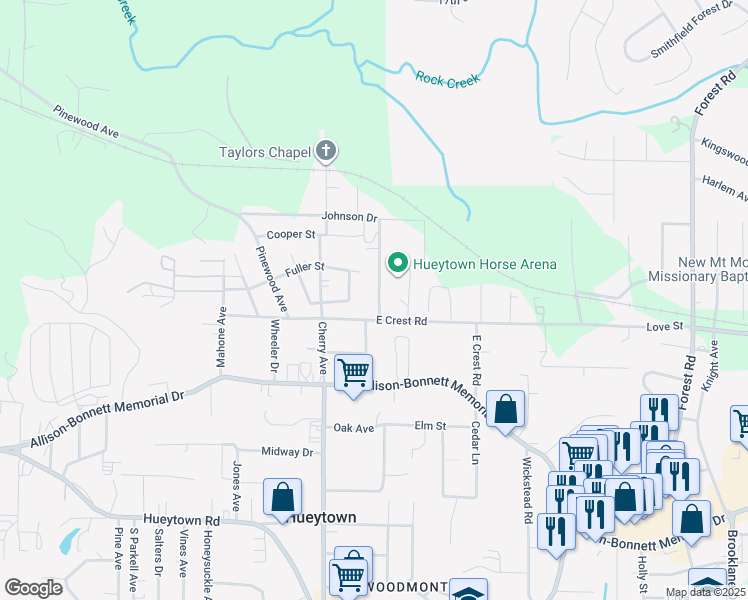 map of restaurants, bars, coffee shops, grocery stores, and more near 178 Johnson Drive in Hueytown