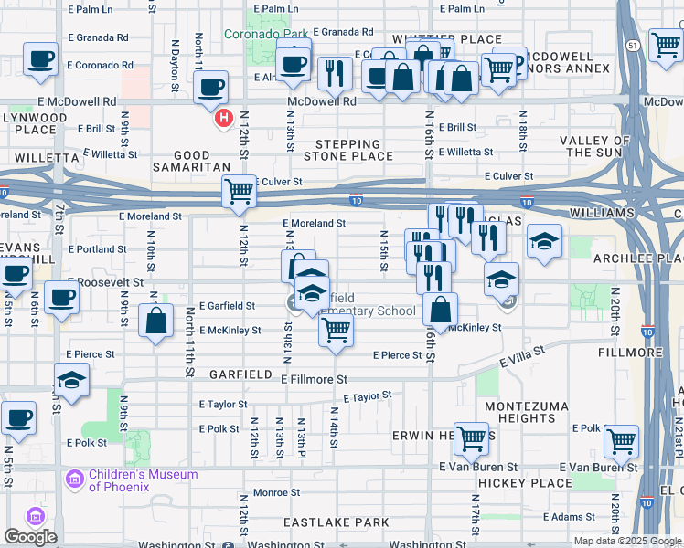 map of restaurants, bars, coffee shops, grocery stores, and more near 1410 East Roosevelt Street in Phoenix