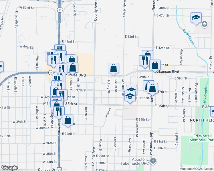 map of restaurants, bars, coffee shops, grocery stores, and more near 3705 Hickory Street in Texarkana