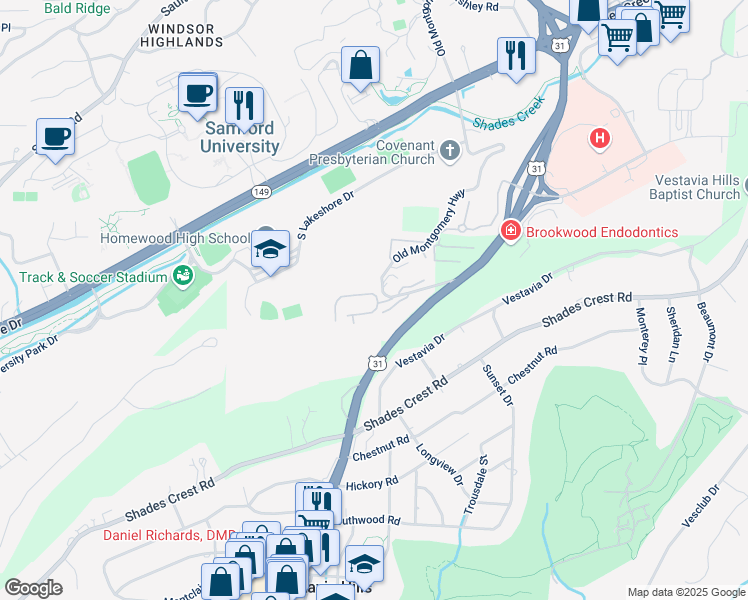 map of restaurants, bars, coffee shops, grocery stores, and more near 1103 Woodland Village in Birmingham