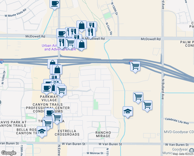 map of restaurants, bars, coffee shops, grocery stores, and more near 1123 North 152nd Avenue in Goodyear