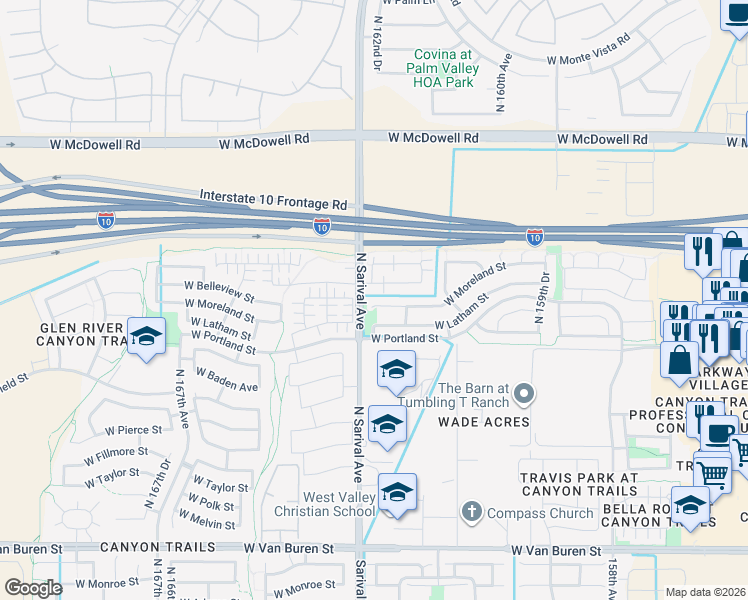 map of restaurants, bars, coffee shops, grocery stores, and more near 16248 West Moreland Street in Goodyear