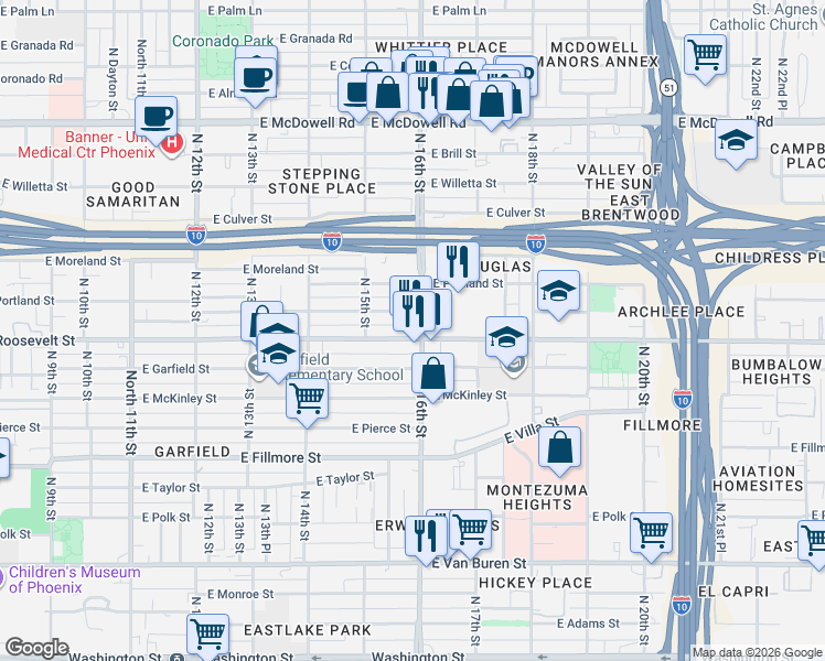 map of restaurants, bars, coffee shops, grocery stores, and more near 1546 E Roosevelt St in Phoenix