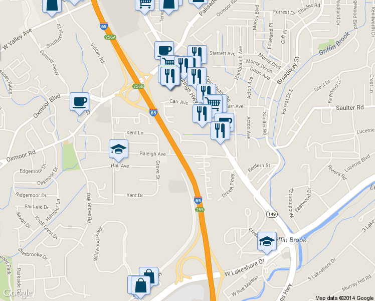 map of restaurants, bars, coffee shops, grocery stores, and more near 408 Raleigh Avenue in Birmingham
