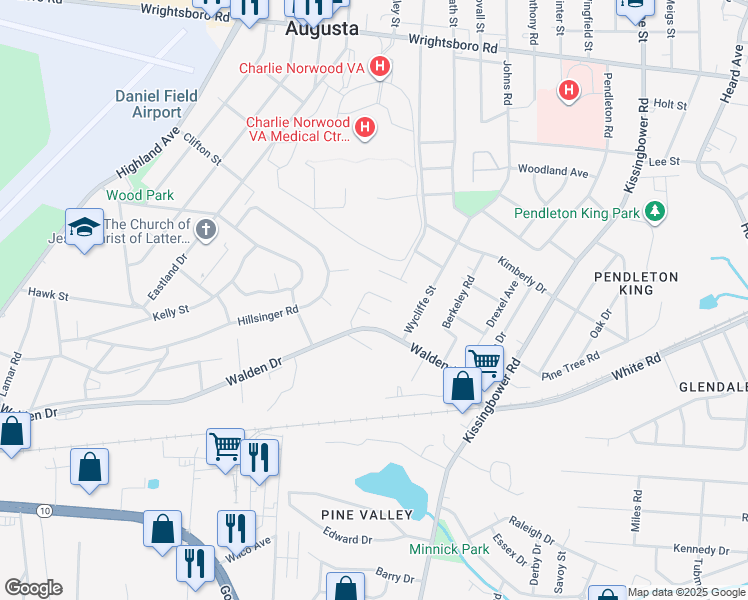 map of restaurants, bars, coffee shops, grocery stores, and more near 2130 Whitney South Drive in Augusta
