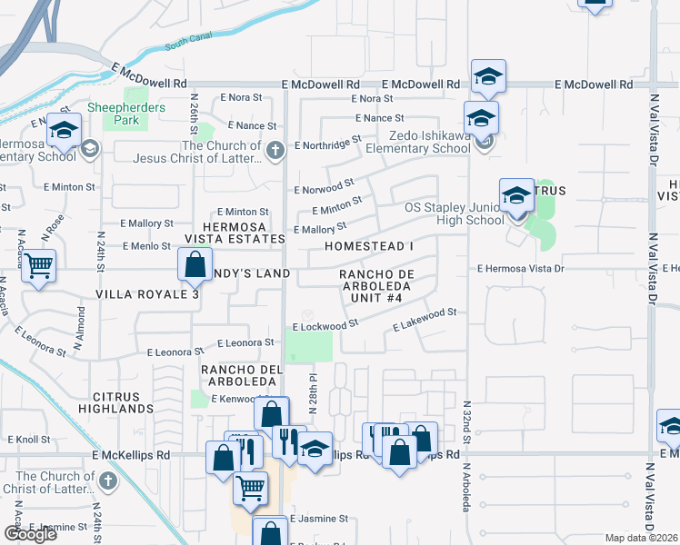map of restaurants, bars, coffee shops, grocery stores, and more near 2909 East Hermosa Vista Drive in Mesa