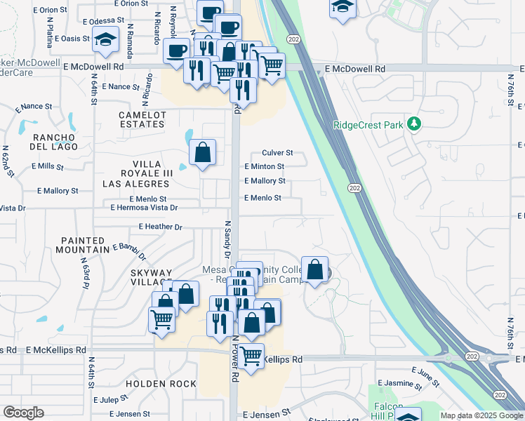 map of restaurants, bars, coffee shops, grocery stores, and more near 6846 East Hermosa Vista Drive in Mesa