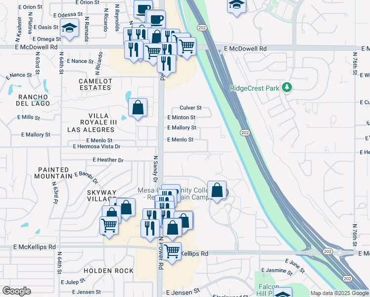 map of restaurants, bars, coffee shops, grocery stores, and more near 6846 East Hermosa Vista Drive in Mesa