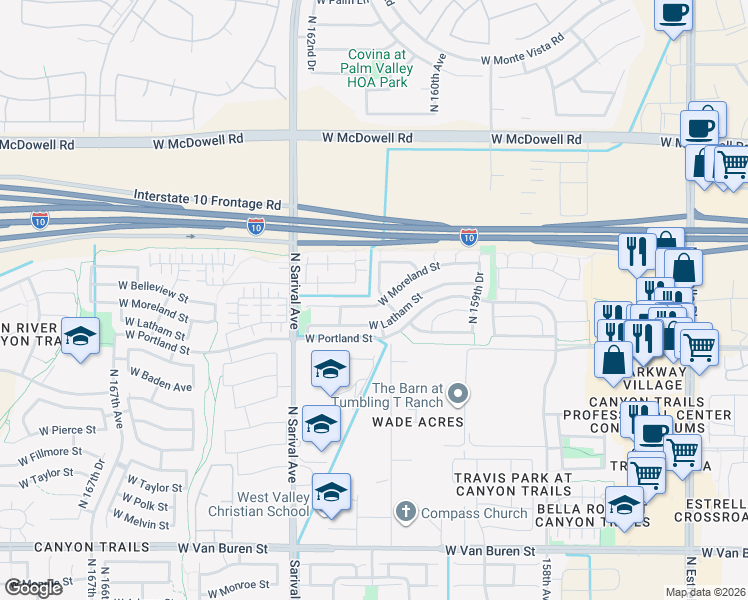 map of restaurants, bars, coffee shops, grocery stores, and more near 16091 West Moreland Street in Goodyear