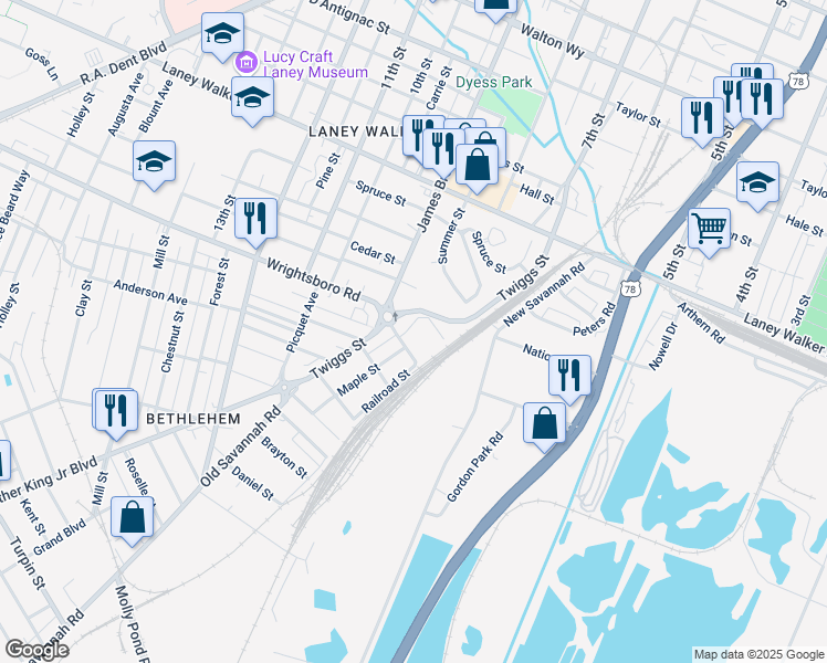 map of restaurants, bars, coffee shops, grocery stores, and more near 1402 Gormans Lane in Augusta