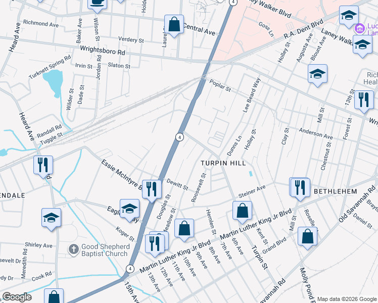 map of restaurants, bars, coffee shops, grocery stores, and more near 1625 Ramsey Street in Augusta