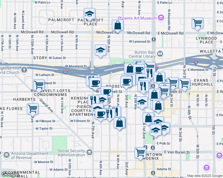 map of restaurants, bars, coffee shops, grocery stores, and more near 420 West Roosevelt Street in Phoenix