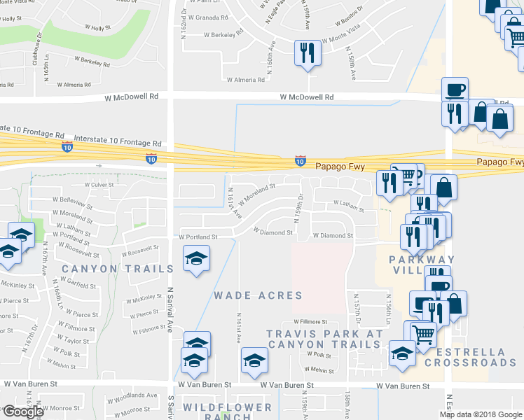 map of restaurants, bars, coffee shops, grocery stores, and more near 16043 West Latham Street in Goodyear