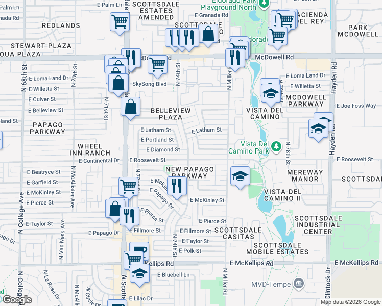 map of restaurants, bars, coffee shops, grocery stores, and more near 1007 North 74th Street in Scottsdale