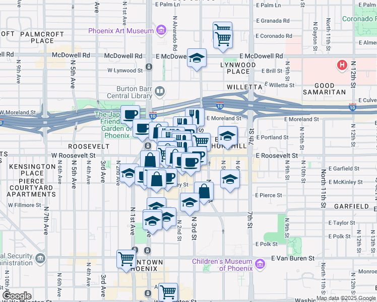 map of restaurants, bars, coffee shops, grocery stores, and more near 1009 North 2nd Street in Phoenix