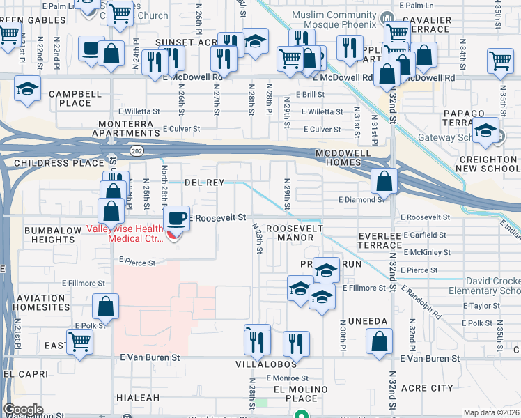 map of restaurants, bars, coffee shops, grocery stores, and more near 1011 North 28th Street in Phoenix
