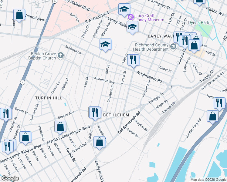 map of restaurants, bars, coffee shops, grocery stores, and more near 1528 Chestnut Street in Augusta