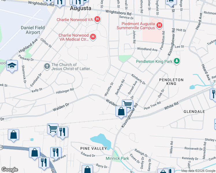 map of restaurants, bars, coffee shops, grocery stores, and more near 1749 Wycliffe Street in Augusta