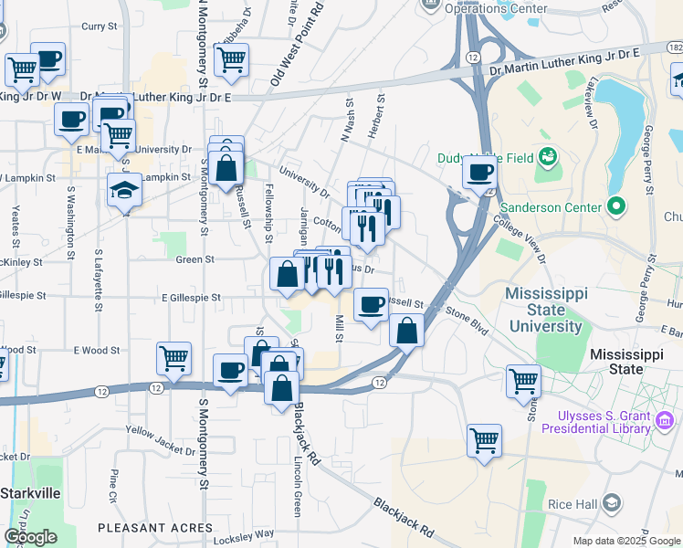 map of restaurants, bars, coffee shops, grocery stores, and more near 105 Planters Row in Starkville