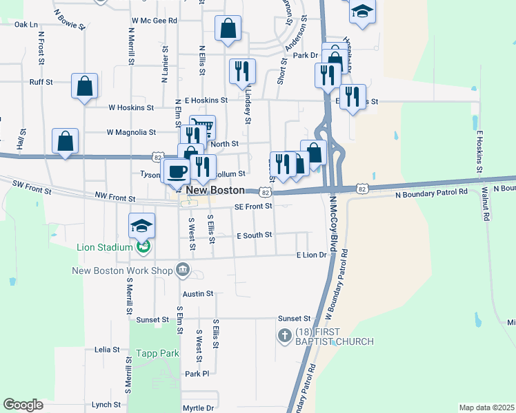 map of restaurants, bars, coffee shops, grocery stores, and more near 404 Southeast Front Street in New Boston