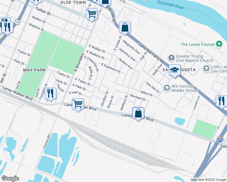 map of restaurants, bars, coffee shops, grocery stores, and more near 1302 Bruce Street in Augusta