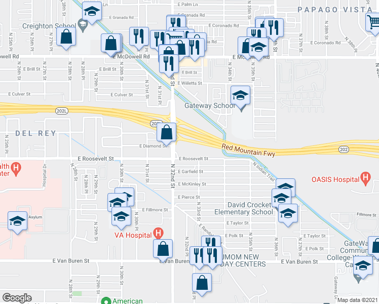 map of restaurants, bars, coffee shops, grocery stores, and more near 3300 East Roosevelt Street in Phoenix