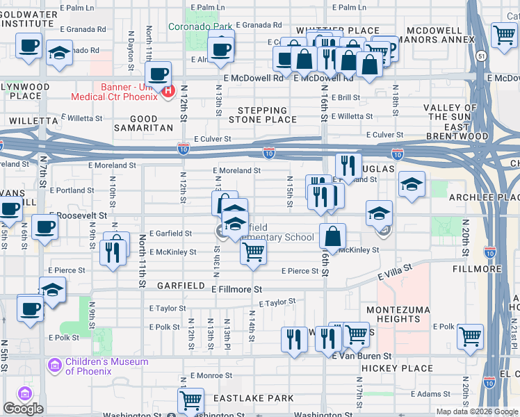map of restaurants, bars, coffee shops, grocery stores, and more near 1410 East Roosevelt Street in Phoenix