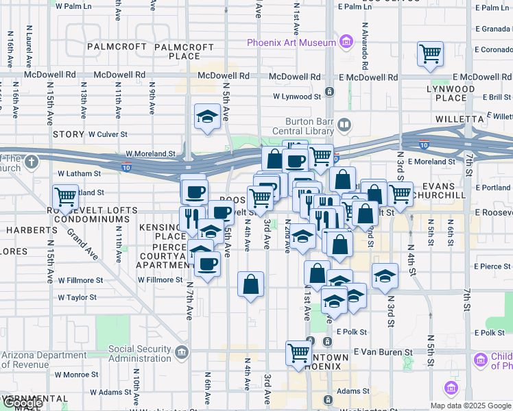map of restaurants, bars, coffee shops, grocery stores, and more near in Phoenix