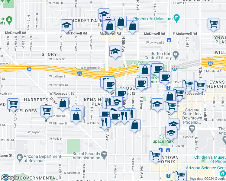 map of restaurants, bars, coffee shops, grocery stores, and more near 526 West Roosevelt Street in Phoenix