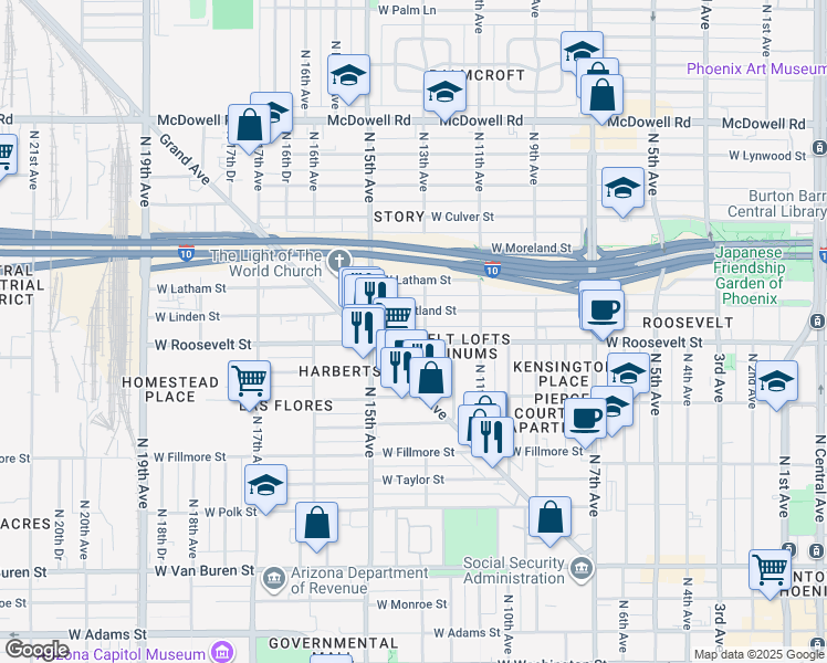 map of restaurants, bars, coffee shops, grocery stores, and more near 1003 North 13th Avenue in Phoenix