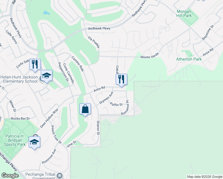 map of restaurants, bars, coffee shops, grocery stores, and more near 33128 Romance Place in Temecula