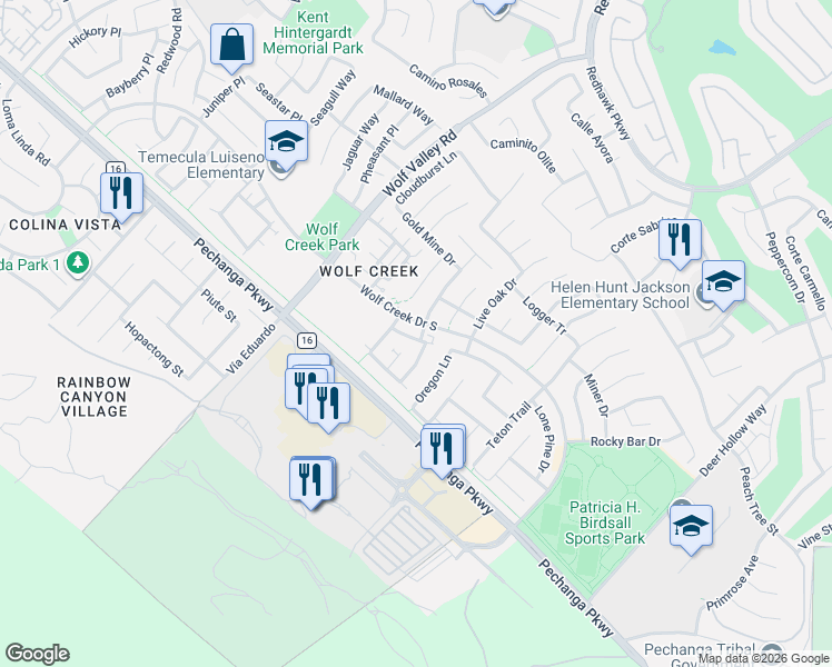 map of restaurants, bars, coffee shops, grocery stores, and more near 46182 Rocky Trail Lane in Temecula