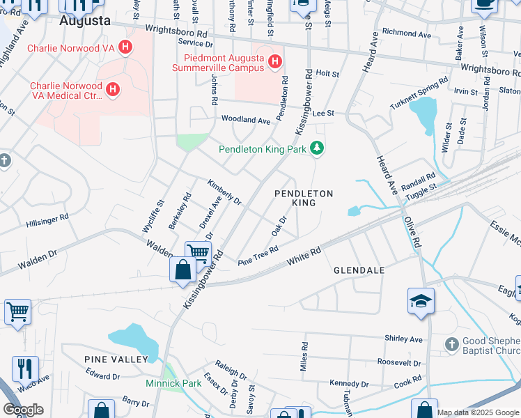map of restaurants, bars, coffee shops, grocery stores, and more near 1720 King Woods Drive in Augusta