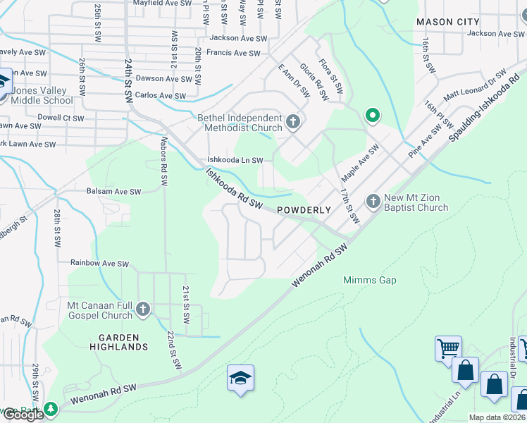 map of restaurants, bars, coffee shops, grocery stores, and more near 2416 Ishkooda Road Southwest in Birmingham