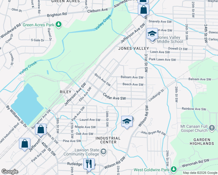 map of restaurants, bars, coffee shops, grocery stores, and more near 3445 Park Avenue Southwest in Birmingham