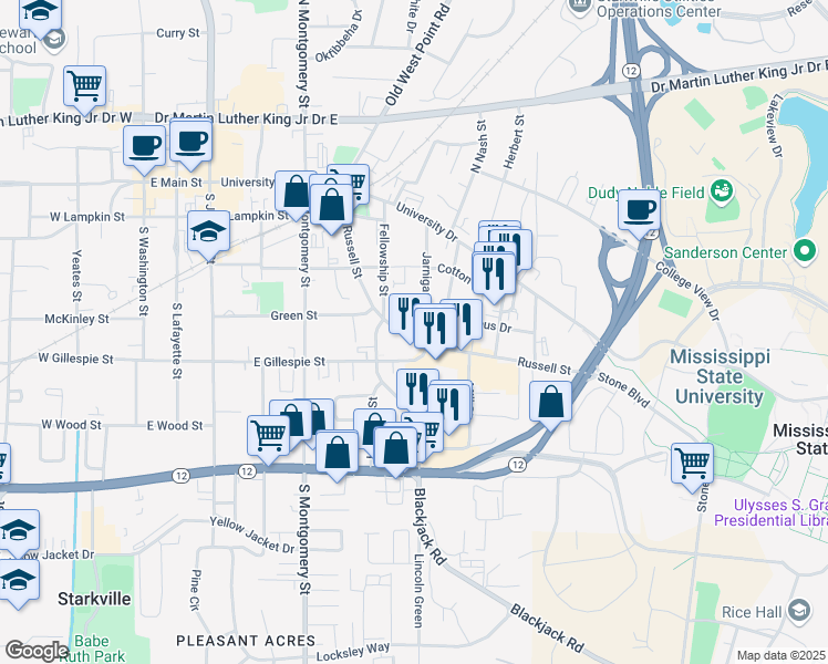 map of restaurants, bars, coffee shops, grocery stores, and more near 403 Russell Street in Starkville