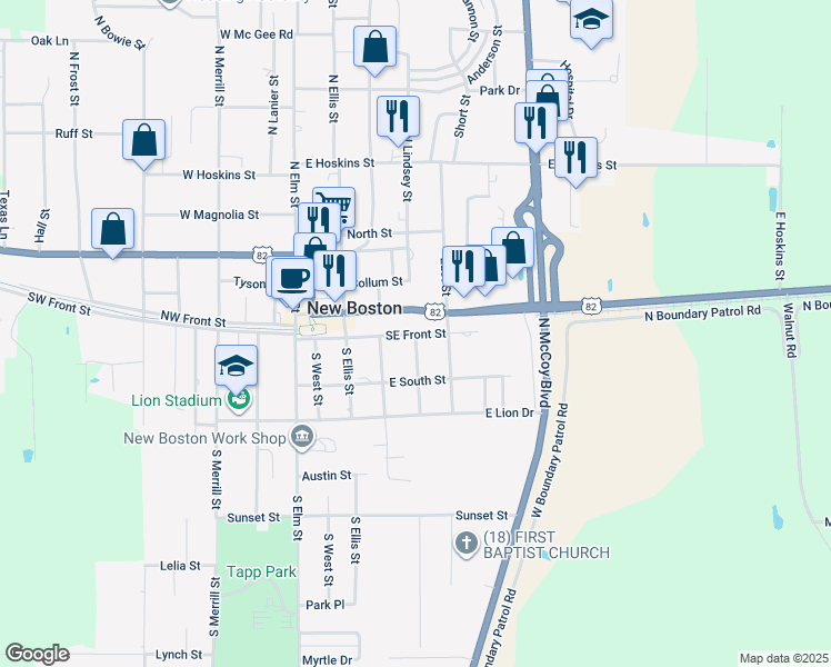 map of restaurants, bars, coffee shops, grocery stores, and more near 404 Southeast Front Street in New Boston