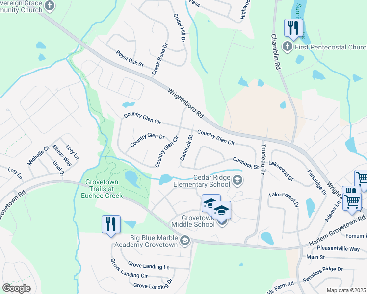 map of restaurants, bars, coffee shops, grocery stores, and more near 910 Cannock Street in Grovetown