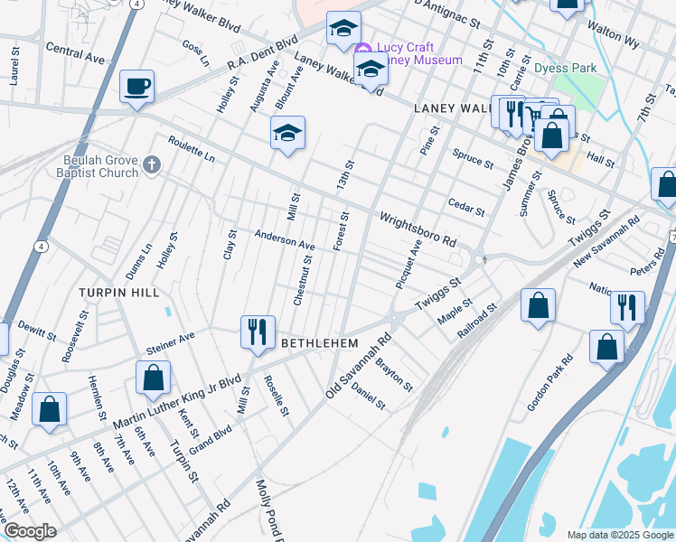 map of restaurants, bars, coffee shops, grocery stores, and more near 1522 Forest Street in Augusta