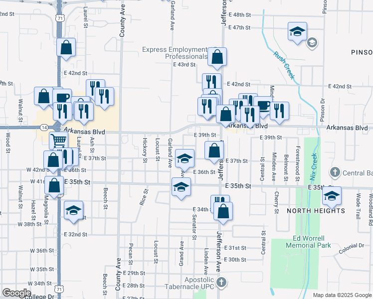 map of restaurants, bars, coffee shops, grocery stores, and more near 3716 Grand Avenue in Texarkana