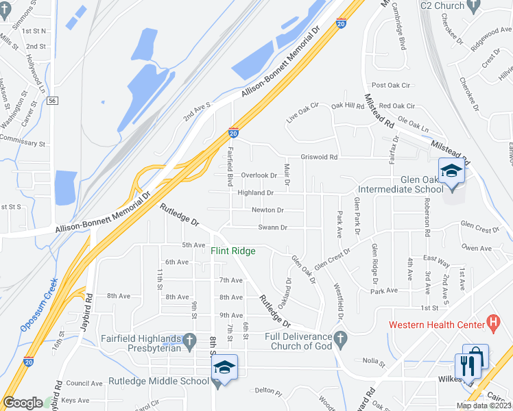 map of restaurants, bars, coffee shops, grocery stores, and more near 504 Newton Drive in Birmingham