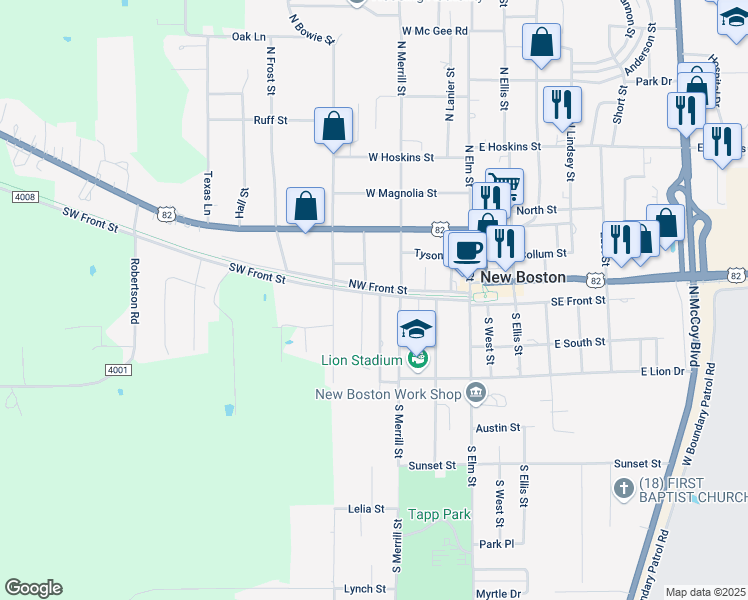 map of restaurants, bars, coffee shops, grocery stores, and more near 207 South Street in New Boston