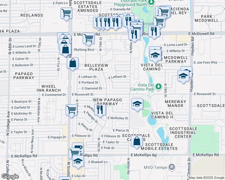 map of restaurants, bars, coffee shops, grocery stores, and more near 114080 East Diamond Street in Scottsdale