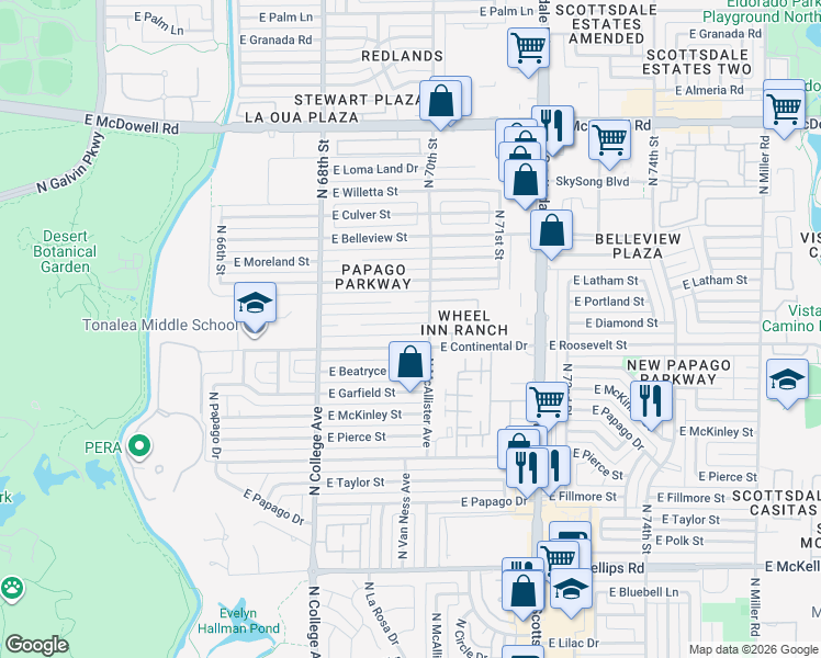 map of restaurants, bars, coffee shops, grocery stores, and more near 6937 East Diamond Street in Scottsdale