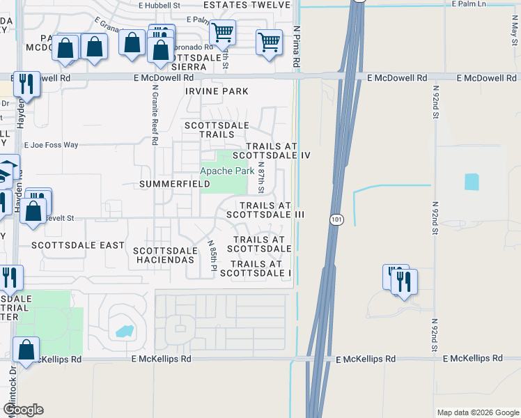 map of restaurants, bars, coffee shops, grocery stores, and more near 8700 East Diamond Street in Scottsdale