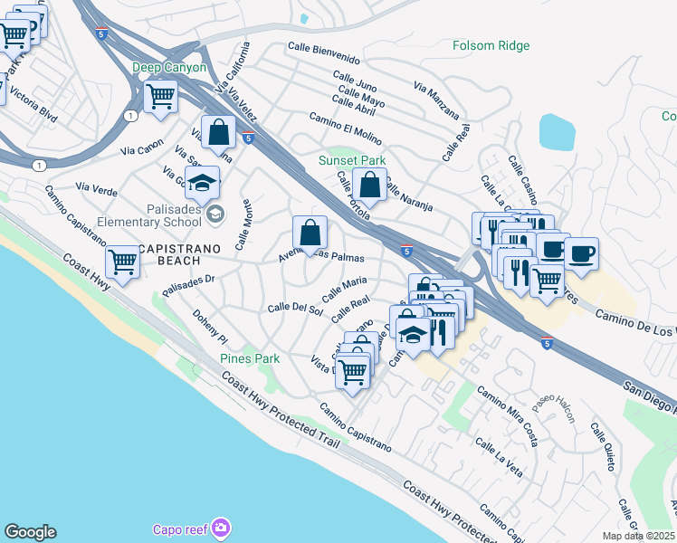 map of restaurants, bars, coffee shops, grocery stores, and more near 34691 Calle Los Robles in Dana Point