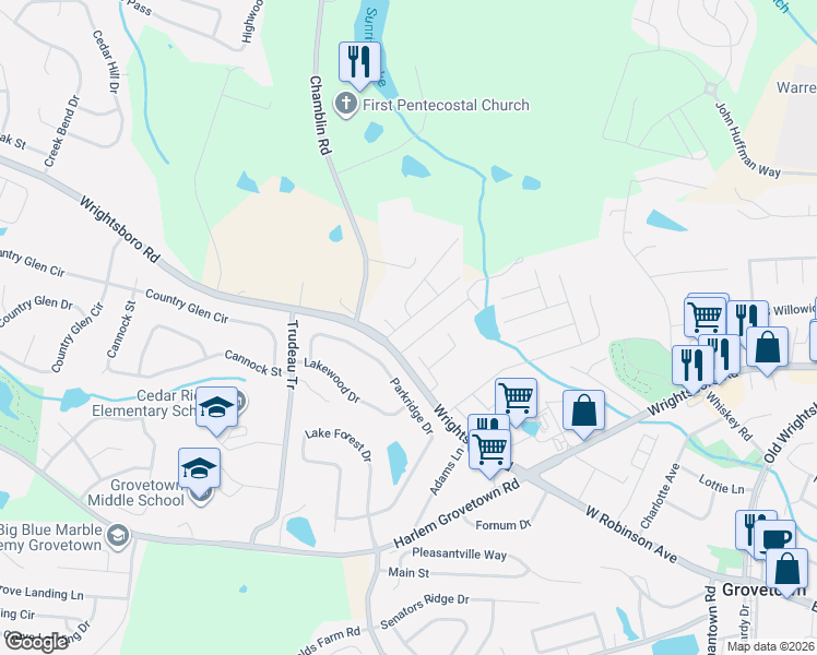map of restaurants, bars, coffee shops, grocery stores, and more near 118 Brandimere Drive in Grovetown