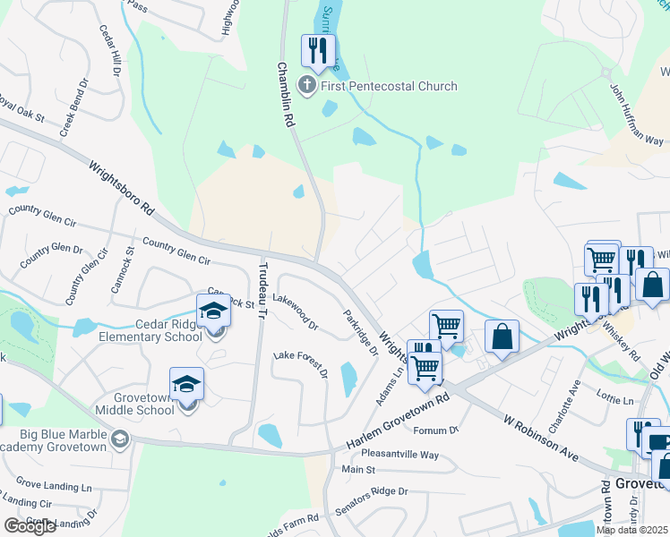 map of restaurants, bars, coffee shops, grocery stores, and more near 409 New Haven Court in Grovetown