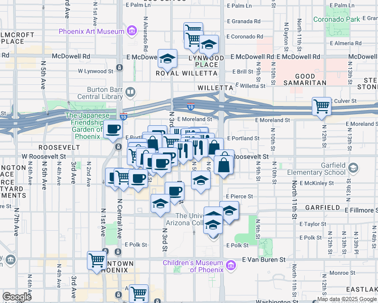 map of restaurants, bars, coffee shops, grocery stores, and more near 414 East Roosevelt Street in Phoenix