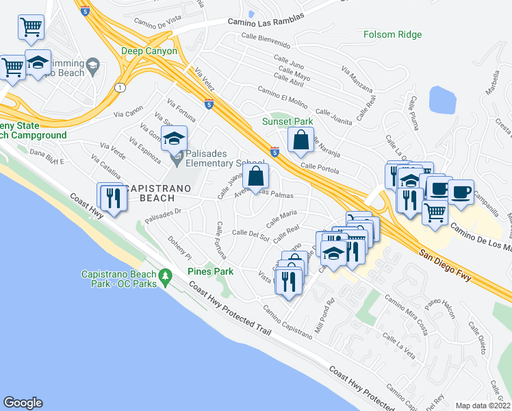 map of restaurants, bars, coffee shops, grocery stores, and more near 34682 Calle Rosita in Dana Point